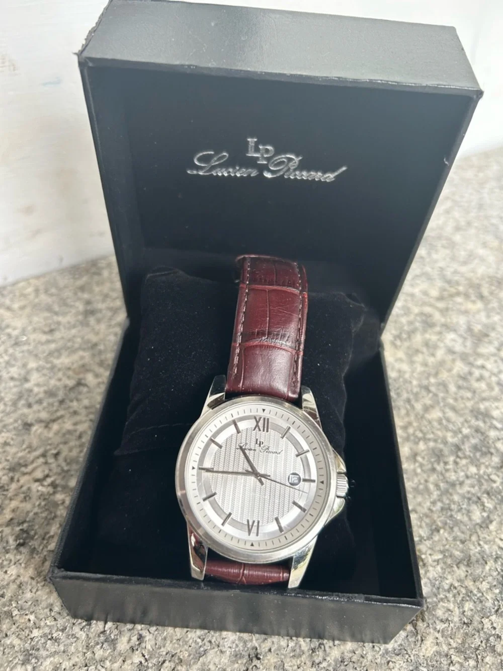 Lucien Piccard Silver Dial Watch with Burgundy Leather Strap